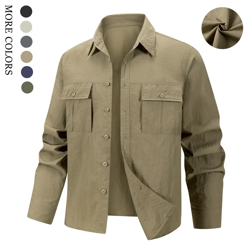 Men's Collared Neck Casual Button Shirt - Foldable, Double Pockets, Single-Breasted, Lightweight Long Sleeve Basics, Adds Functionality, Suitable for Daily Wear/Weekend Outings, Beige Summer Dad Gift, Versatile Wardrobe Essential