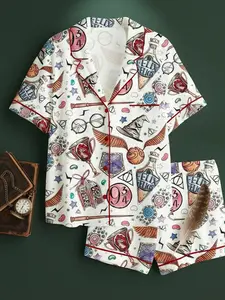 Women HP Wizard School Wizard Academy Magic School Short Sleeve Satin Pajama Set