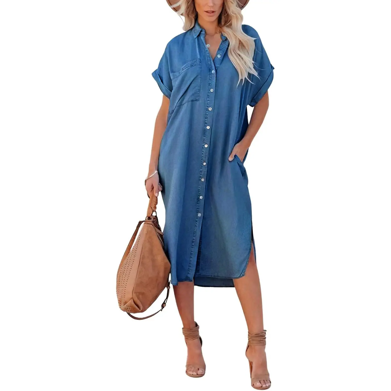 Chouyatou Women's Minimalist Casual Summer Batwing Short-Sleeve Loose Collared Button-Down Soft Cotton Straight Midi Denim Shirt Dress with Hand Pockets, XS
