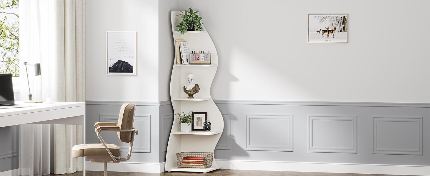 Tribeeco Modern 5-Tier Wall Corner Bookshelf, Stylish Corner Small Bookcase Storage Rack, for Living Room, Bedroom, and Entryway Decor Shelves