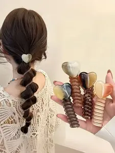 Boho Style Spiral Hair Ties Set, Scrunchies, Transparent Heart Design, Resin Bead Ponytail Holders, Women's Minimalist All-Season Hair Bands, Daily Styling