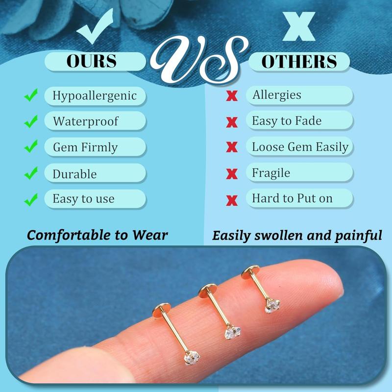 LOLIAS 20G 18G 16G Threadless Nose Studs Rings for Women Men 316L Surgical Steel Push in Flat Back Earrings CZ Lip Labret Nose Rings Studs Cartilage Helix Conch Medusa Nostril Tragus Piercing Jewelry 6mm 8mm 10mm Length