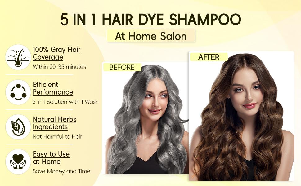 Light Brown Hair Dye Shampoo 5-in-1, Instant & Long-Lasting Hair Color Shampoo for Gray Hair Coverage, Herbal Natural Ingredients, Ammonia-Free, Unisex 500ml