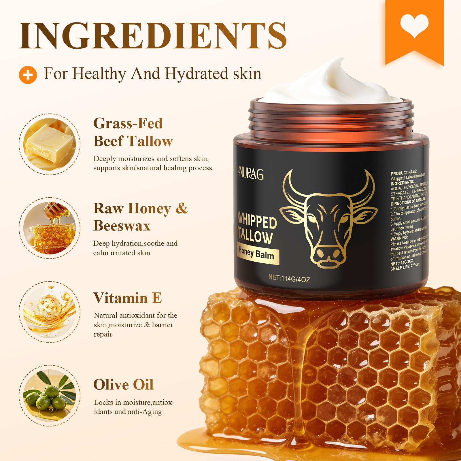 【2 PCS】 Beef Tallow for Skin, Beef Tallow for Face, Hydrating Tallow Balm with Raw Honey and Beeswax, Grass-Fed Beef Tallow & Raw Wild Honey Blend, Body & Face Moisturizer, Natural Formula, Light Scent