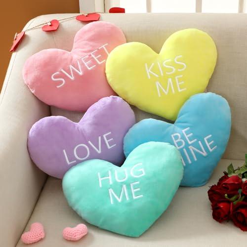 Valentines Pillows Gift 5 Pcs Heart Pillows with Love Letter Cute Plush Pillows Heart Shape Pillow Soft Throw Pillow with Romantic Atmosphere Conversation Gift for Couple Valentine's Day Party Anniversaries Dates for Home Living Sofa Bed Room Car Office