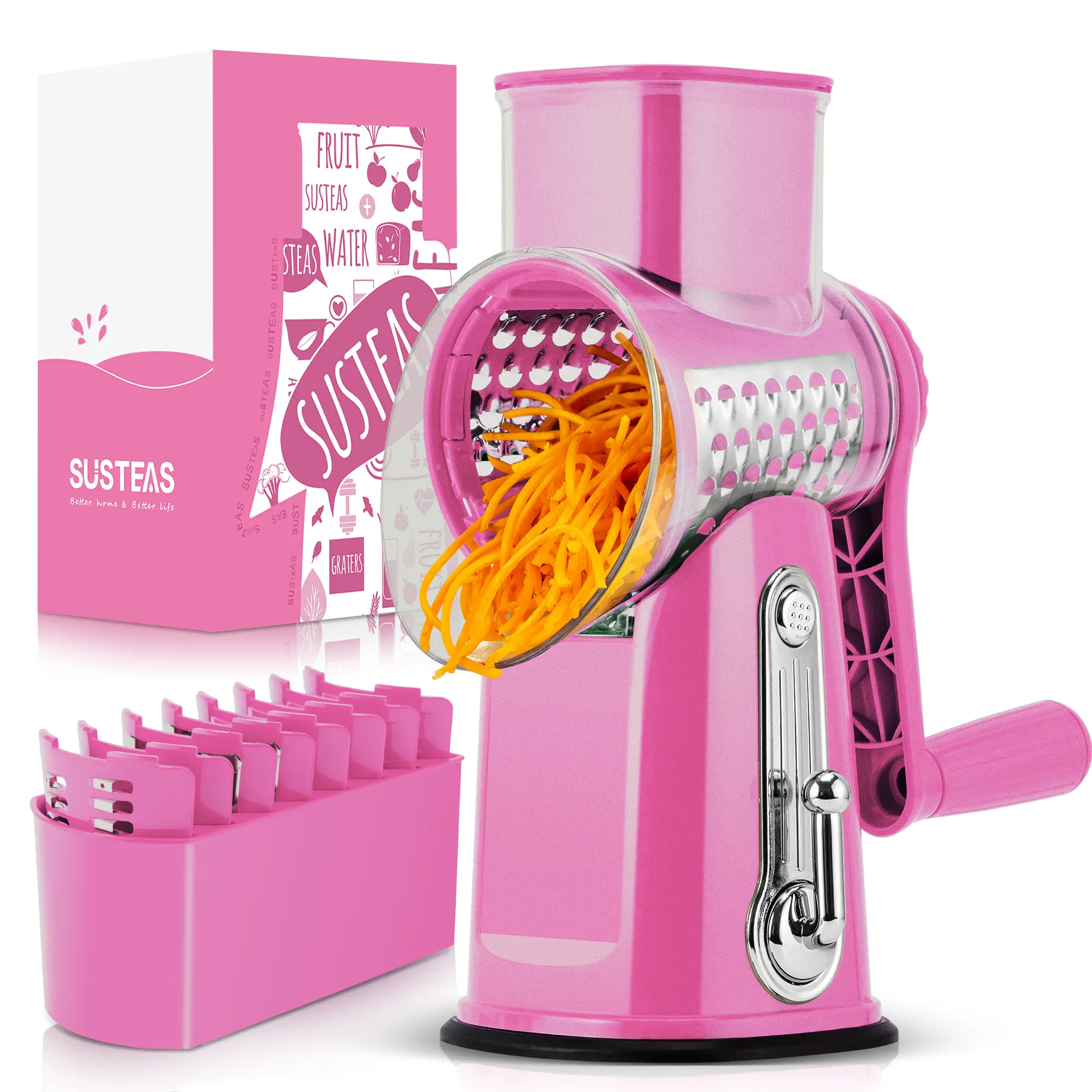 SUSTEAS Rotating Food Grater Chopper with Handle, with 5 Well-Designed Blades and Strong Suction Cup Base, Comes with 1 Blade Storage Box Vegetable Cutting Slicer Vegetable Slicer Dicer Kitchen Utensils Vegetable Fruit Cutter