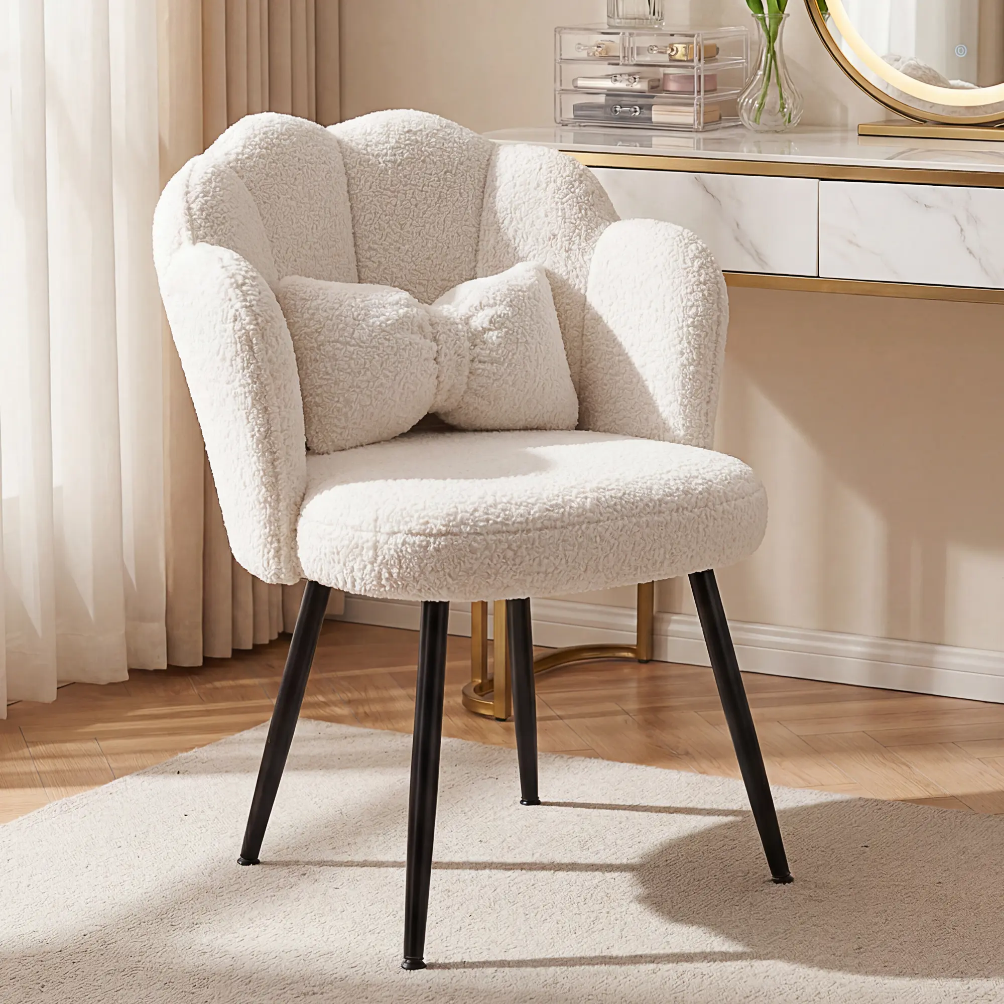 Homkdom Teddy Fleece Accent Chair with Bow-Tie Pillow, Small Space Vanity Chair with Petal Backrest, Matte Black Metal Legs & Adjustable Feet, Perfect Comfy Desk Chair for Cozy Reading Nooks, Bedrooms, Living Room, Dorm Room #Backtoschool Essential