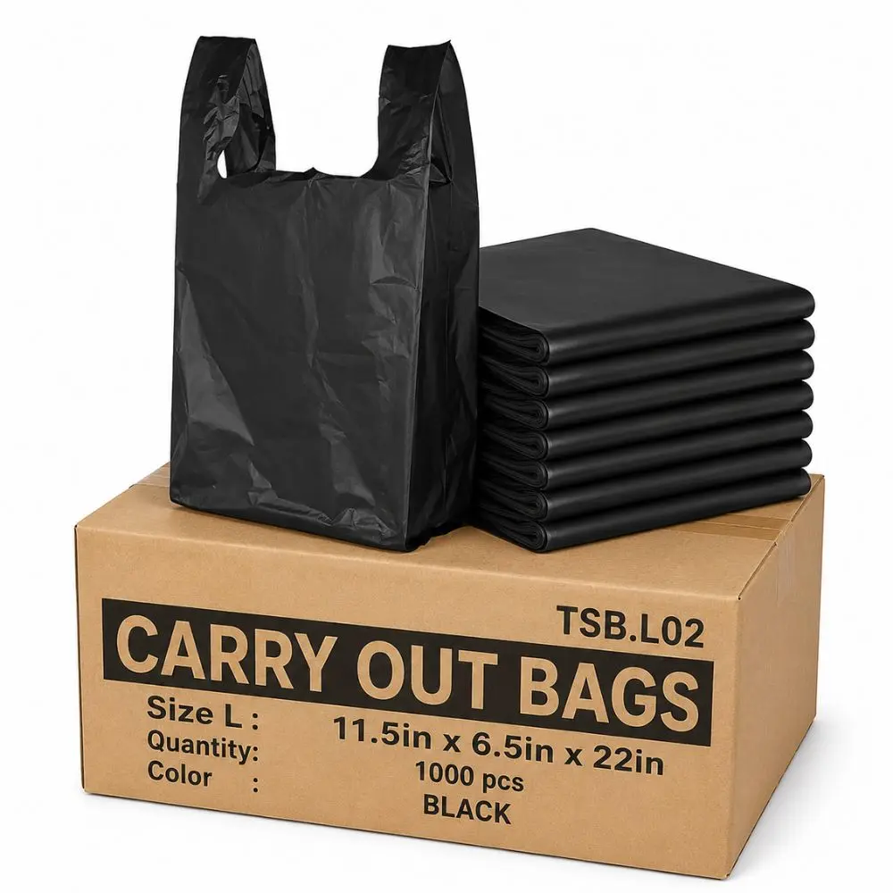 TP Plastic Heavy Duty Black T-Shirt Bags 1000 Count – Thank You Plastic Shopping Bags with Handles for Stores, Restaurants & Boutiques (11.5"x6.5"x22")