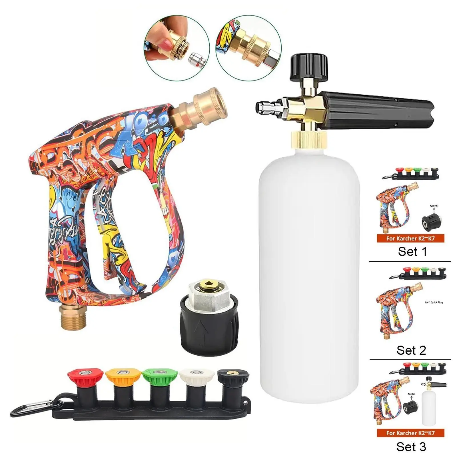Pressure Washer Water Gun Kit for Car Cleaning, Hose Connector for Karcher Quick-Connect Adapter and Nozzles Set, Car Foam Sprayer, Foam Spray Lance, High-Pressure Spray, Car Wash Equipment, Thick Foam Car Wash, 3 Options to Choose