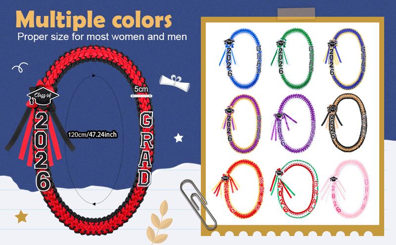 Graduation Leis Class of 2026 1 Pcs Grad Ribbon Double Braided Necklace with Graduation Cap 2026 GRAD Patches Handmade Leis Grad Gifts for Graduates Senior College Students Daughter Son Friends Couples for Graduation Ceremony Party Celebration