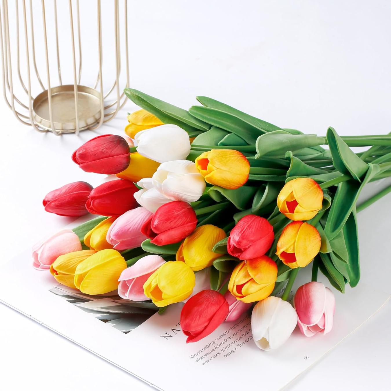 15 Pcs Fake Tulips Artificial Flowers Real Touch PU Faux Flowers Tulip Stems for Wedding Spring Bouquet Floral Arrangement Home Party Office Decorations for Mother's Day (Multi Colors)