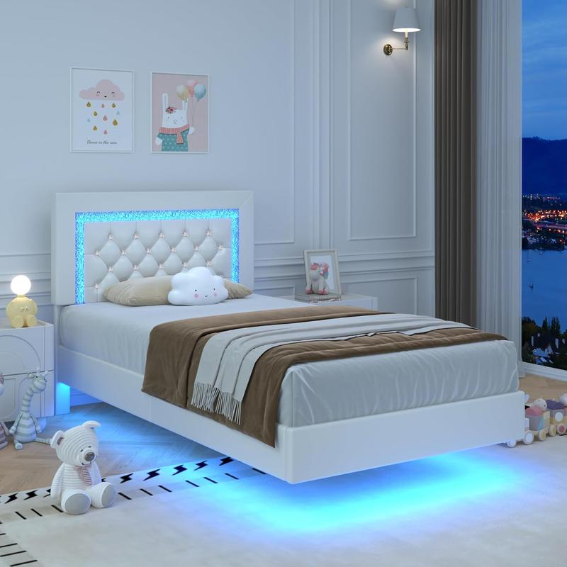 HOMBCK Floating Bed Frame with LED Lights, Upholstered Morden Platform Bed with Diamond Tufted Headboard, No Box Spring Needed, Noise Free, Easy Assembly