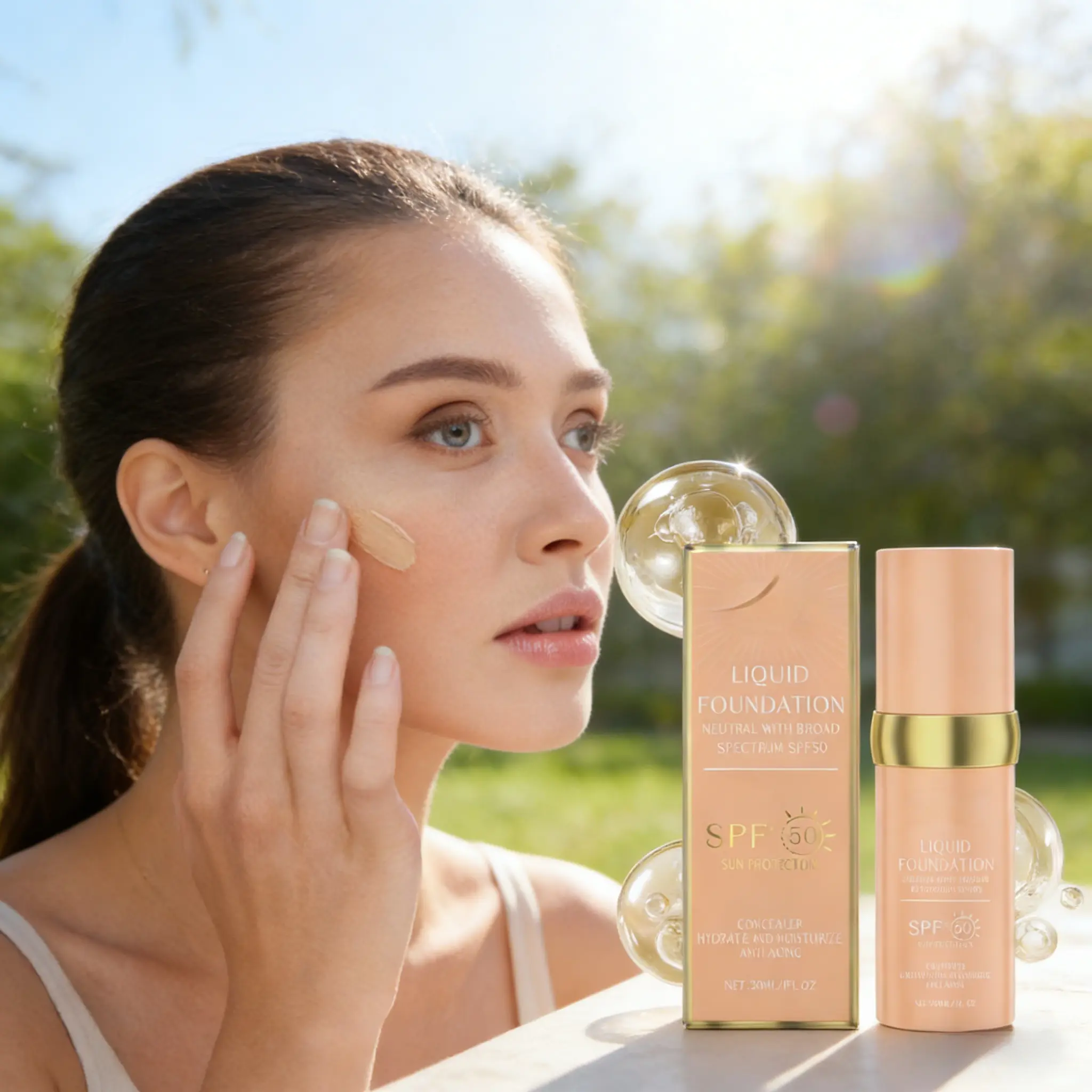 Hoygi SPF 50 Liquid Foundation & Concealer, Lightweight & Hydrating Tinted Sunscreen Cosmetic with Buildable Coverage for All Skin Types, Moisturize, Hydrate, Makeup Routine, Natural Makeup Look, Sun Protection, Transfer Proof Makeup