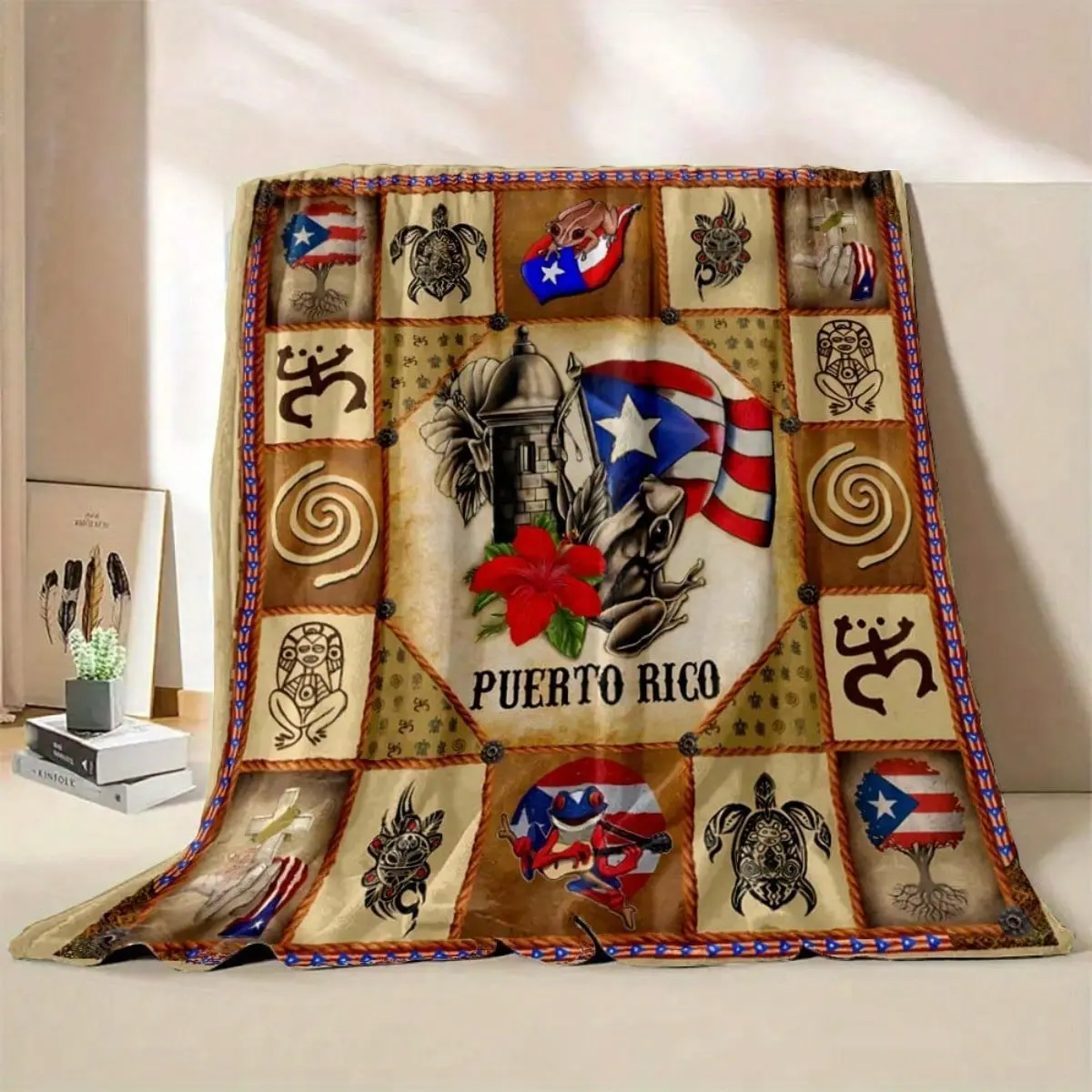 Puerto Rico themed flannel blanket - Vibrant cultural prints with flags, symbols and Puerto Rican text - Soft and warm travel digital print, suitable for all seasons