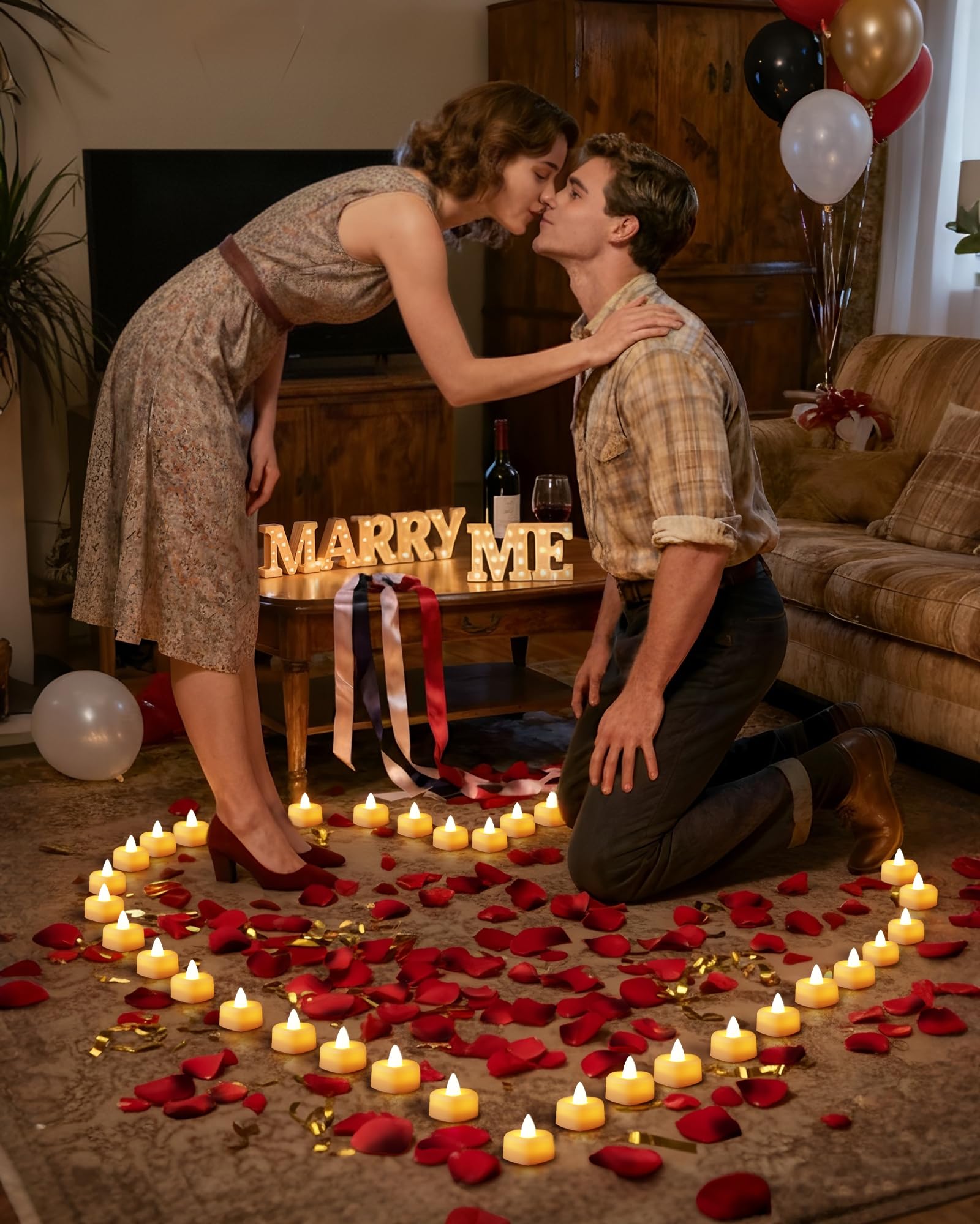 2000 Pieces Artificial Rose Petals with 24 Heart LED Tea Lights Candles Kit, Rose Petals and Candles Set for Proposal, Anniversary, Special Romantic Night, Wedding Table Decor, Birthday