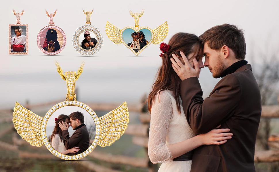 【Memory Gift】Personalized Photo Circle Chain for Men and Women Angel Wings Customized Photo Memory Necklace, Hip Hop for Jhon Pork