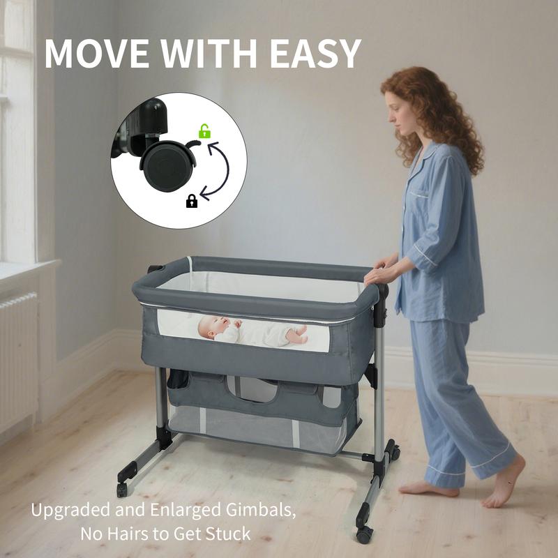 Baby Bassinet Bedside Crib Sleeper, Rocking Bassinet with Breathable Mesh Mattress Mosquito Net Adjustable Height Storage Net Bag Wheels Easy Folding Portable Bed for Infant Newborn
