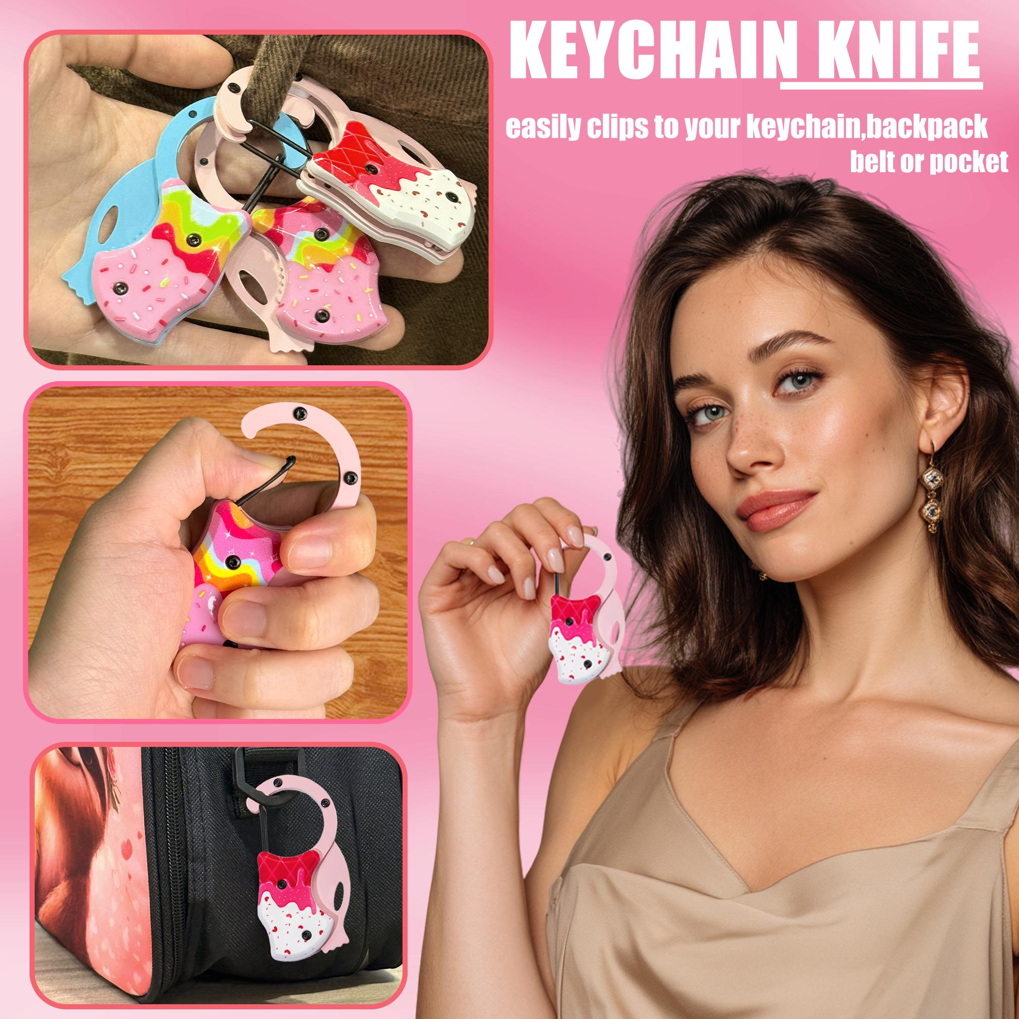 Ice Cream Pocket Toy Knife for Women Men, Cool Folding Knife Box Cutter， Pink Mini EDC Knives for Everyday Carry, Folding Utility Knife with Unique Donut Design, Ideal Gifts for Men and Women