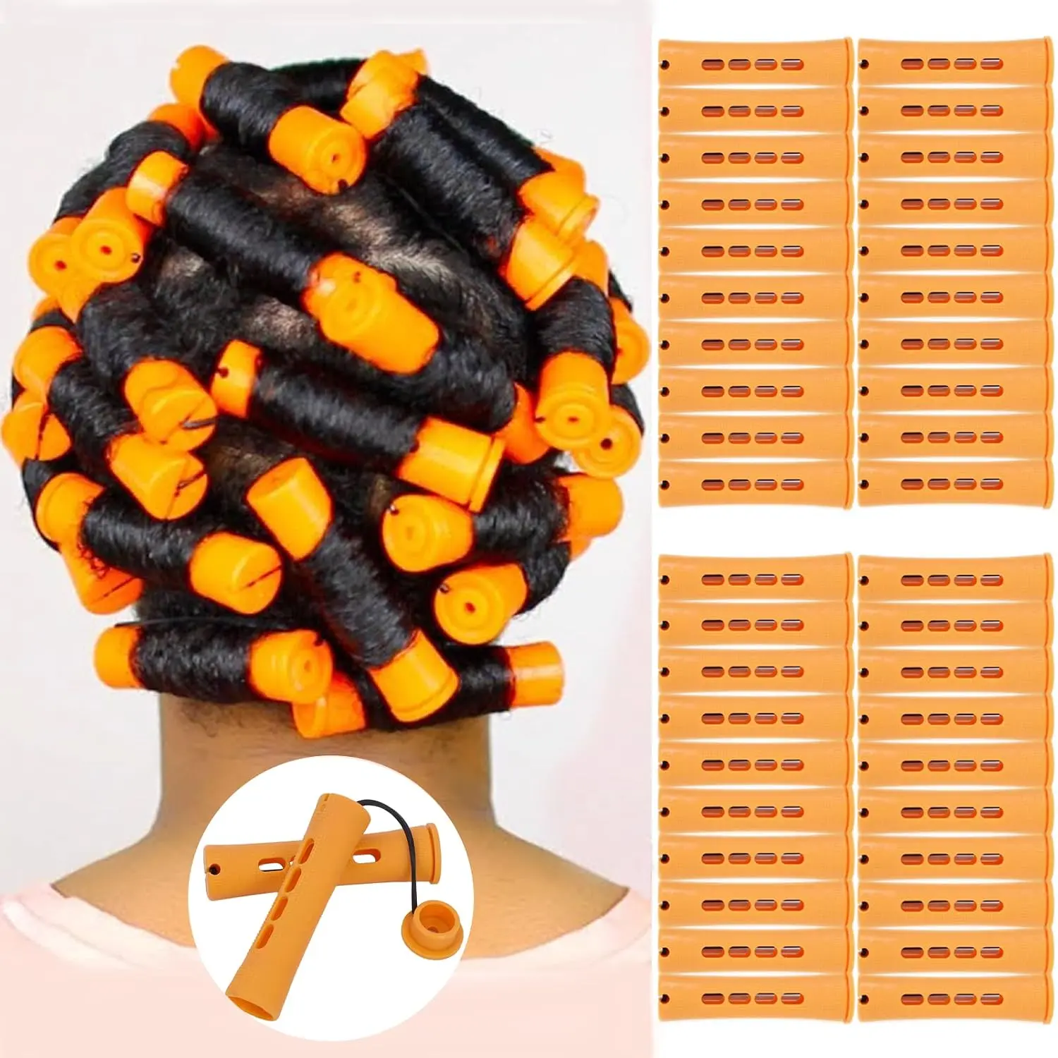 Women's 40pcs Heatless Plastic Orange Cold Wave Perm Rods Set - Steel Salon Fluffy Curling Rollers for Long & Short Natural Hair, DIY Hairdressing Gift