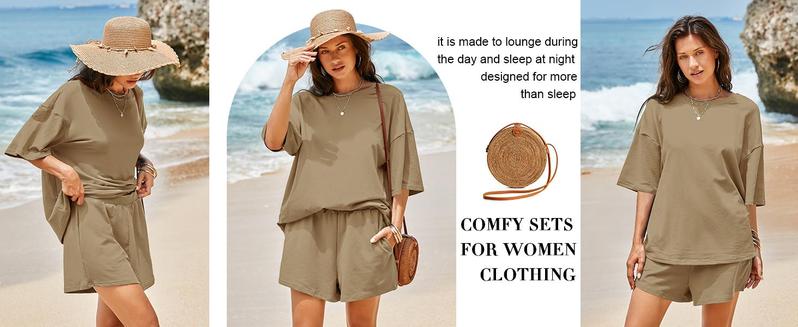 Imily Bela Womens 2 Piece Outfits 3/4 Sleeve Tops and Elastic Waist Shorts Lounge Sets Loungewear