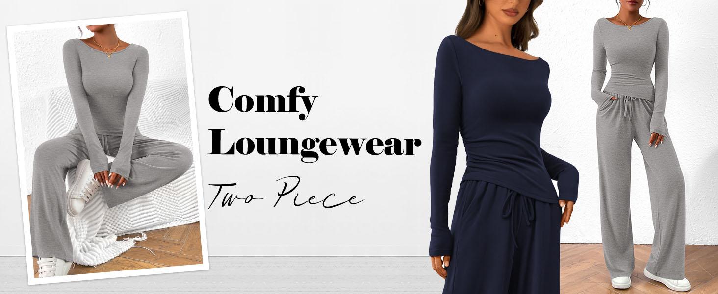 PRETTYGARDEN Women's 2-Piece Lounge Set Asymmetrical Long Sleeve T-Shirt & Wide Leg Pants Casual Fitted Tracksuit Loungewear Basic Minimalist Clothing with Drawstring & Pockets