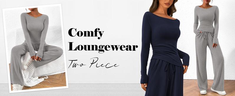 PRETTYGARDEN Women's 2-Piece Lounge Set Asymmetrical Long Sleeve T-Shirt & Wide Leg Pants Casual Fitted Tracksuit Loungewear Basic Minimalist Clothing with Drawstring & Pockets