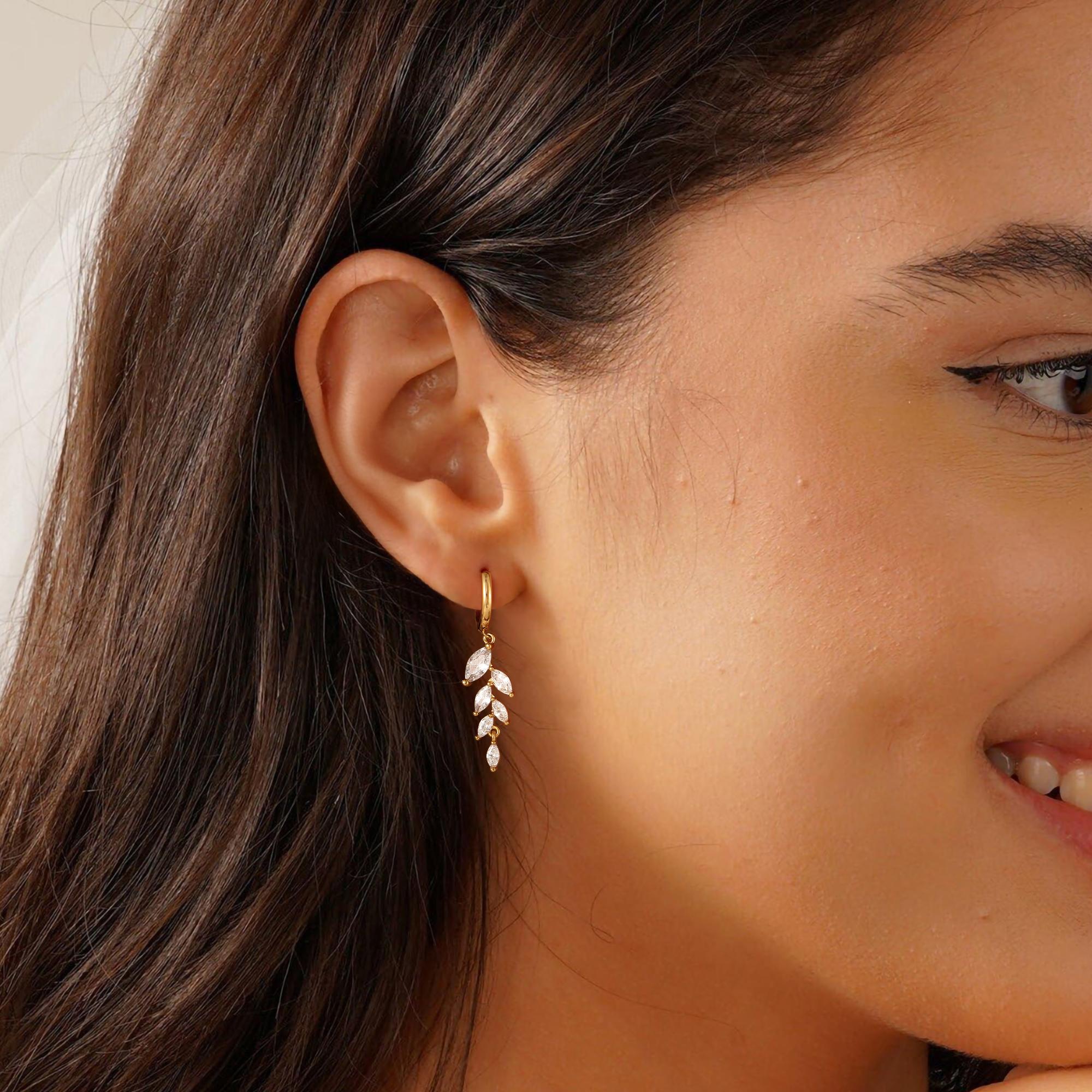 Tewiky 14K Gold/Silver Plated Zircon Leaf Earrings for Women Trendy Zircon Small Dangle Hoop  Hypoallergenic Earrings Stacks For Valentine's Day gifts
