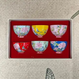 Enamel Birds & Blossoms Ceramic Tea Cup Set