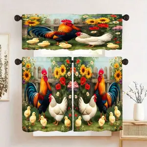 1/2pcs Set Short Curtains Rural Style, Chicken-Patterned Curtains, Machine Washable Polyester, Unlined Window Panels With Decorative Rod Pocket For Living Room Kitchen Outdoor Decoration Wedding, Valentine's Day Gift