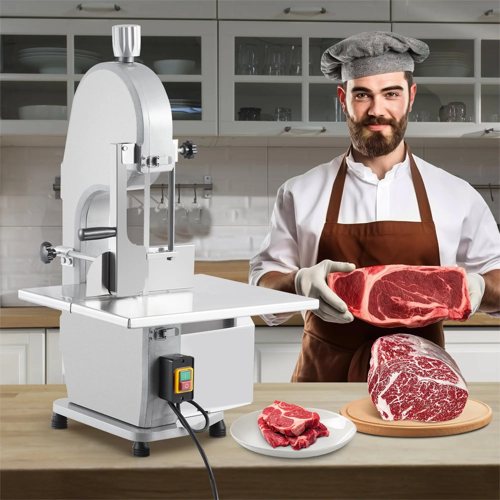 Garvee 1100W Electric Bone Saw Machine, Meat Cutter with 0.16-7.9 Inch Cutting Thickness, 19.3" x 15" Table Sawing for Chicken Fish Trotter Beef, Equipped with 6 Saw Blades