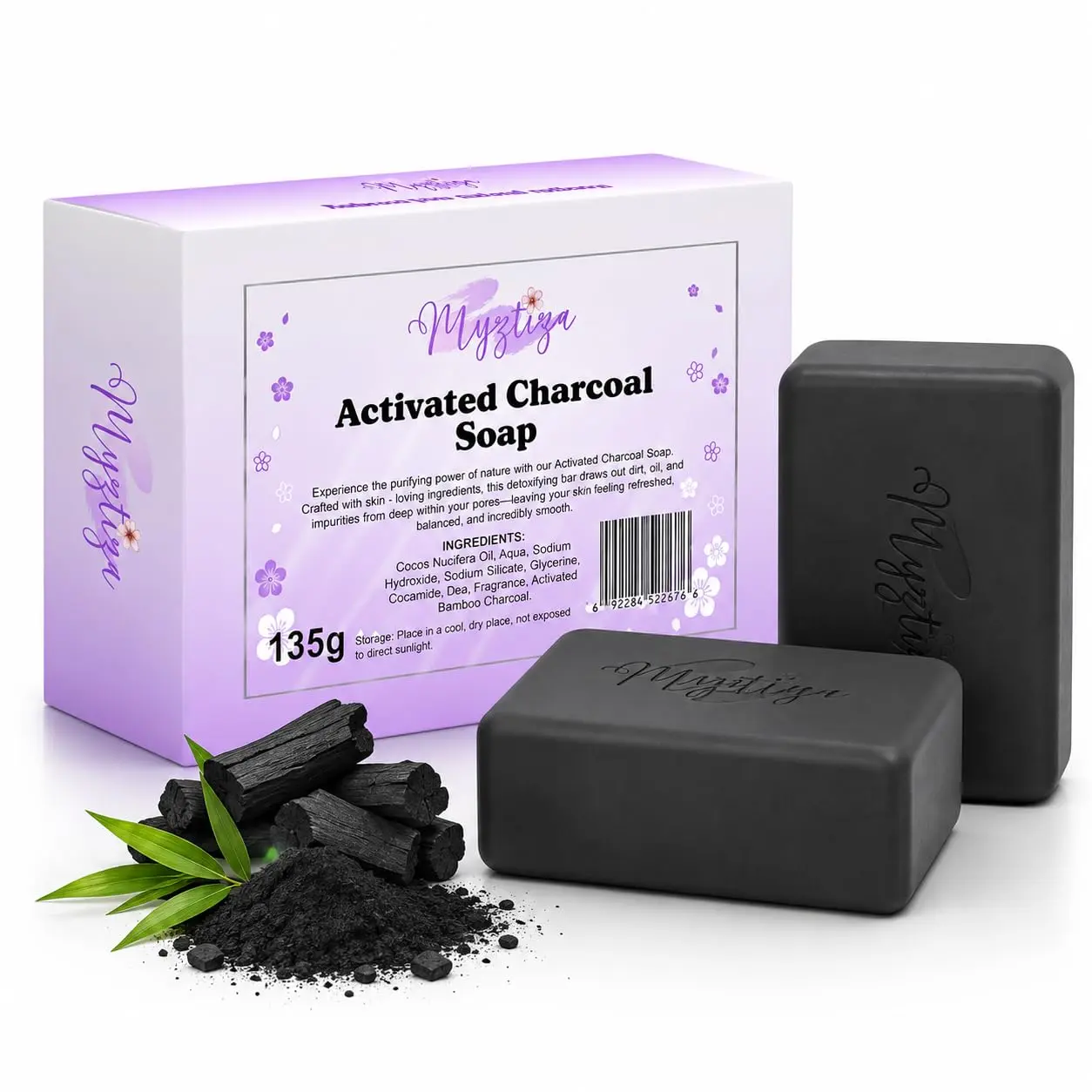 Myztiza Activated Charcoal Bar Soap for Face & Body – 2 Pack 135g Each