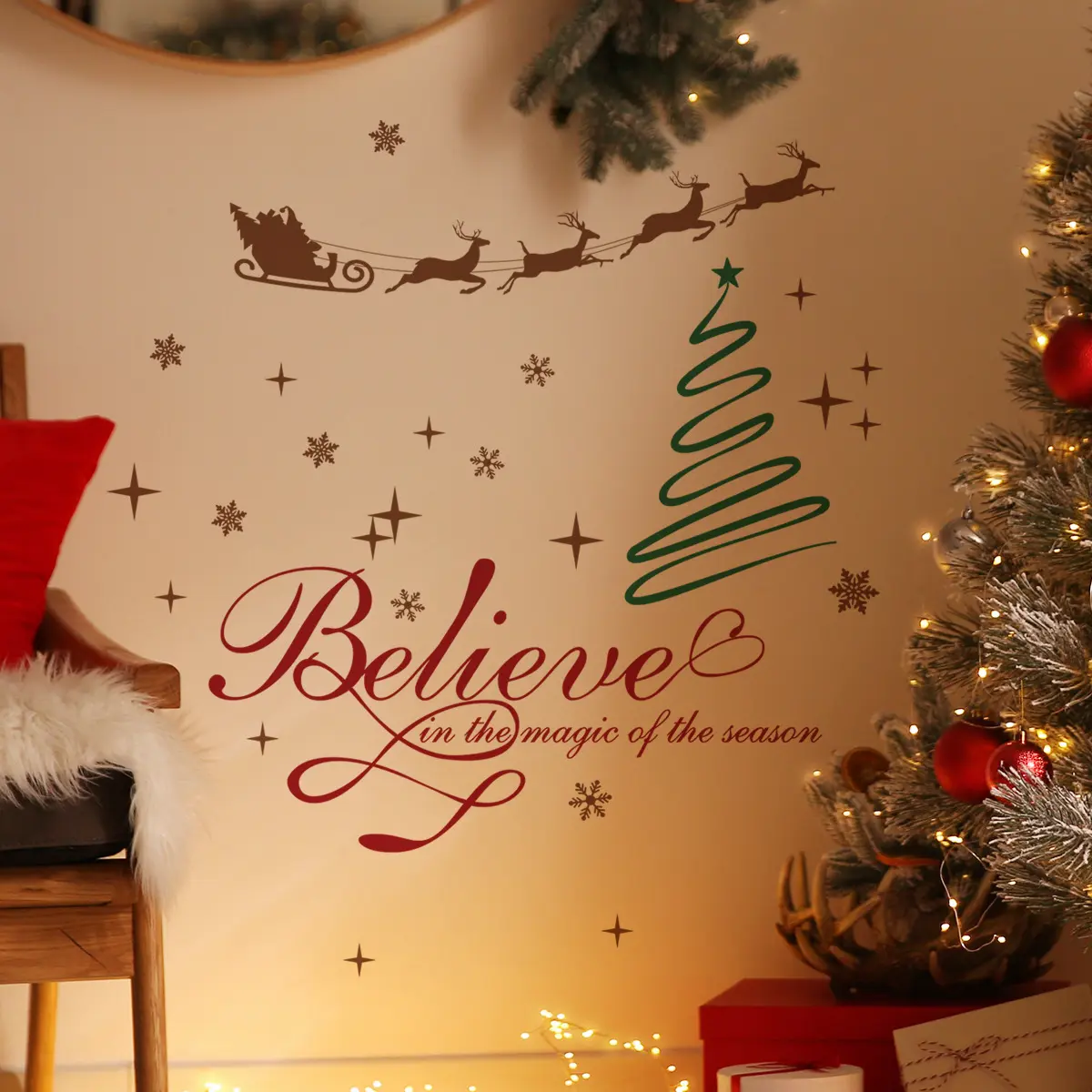 Self adhesive Christmas wall sticker - Elk sled Santa Claus magic rule - Red, green, gold holiday decoration - Easy to tear and stick PVC film - Suitable for living rooms, bedrooms, homes - Festival party decoration
