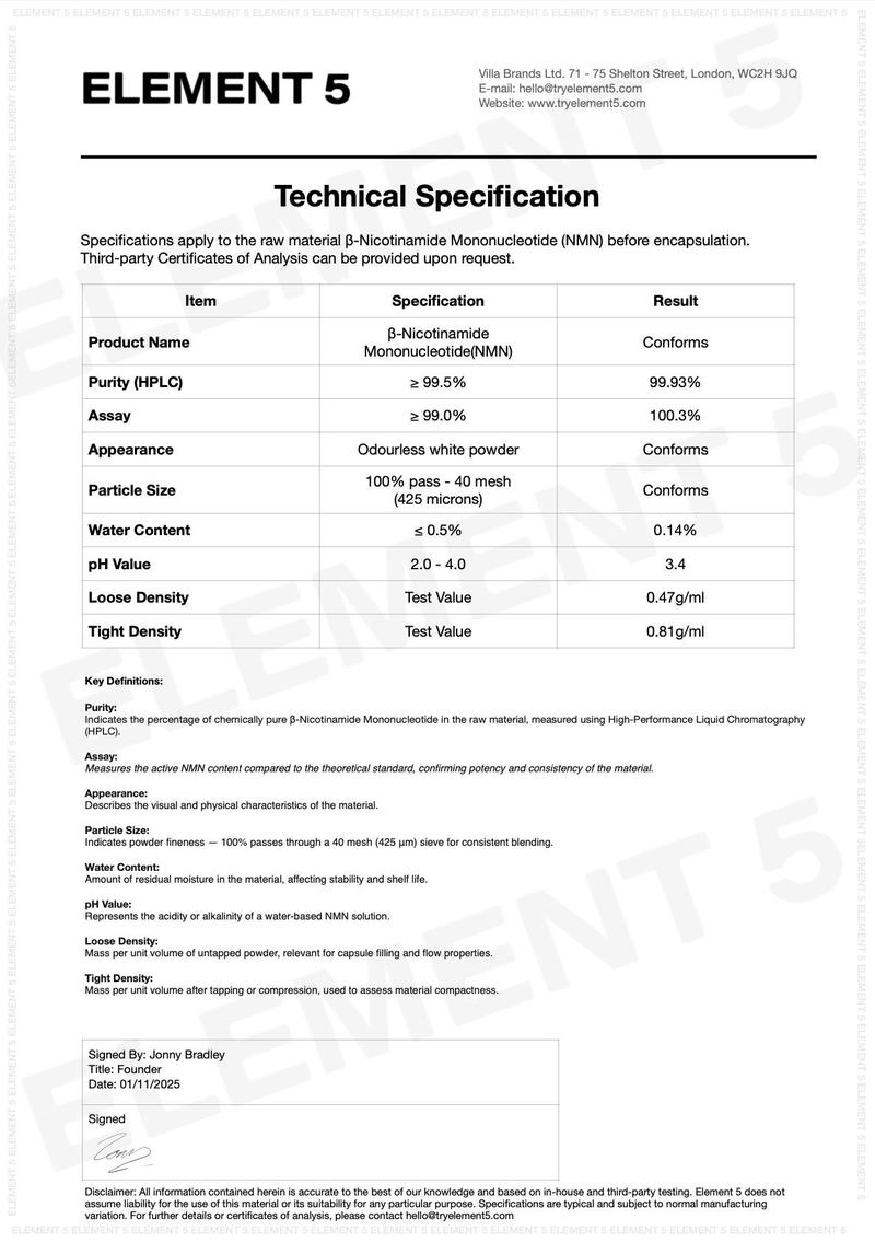Element 5 NMN – 60 x 500mg Capsules – >99% Pure Nicotinamide Mononucleotide (NMN)
