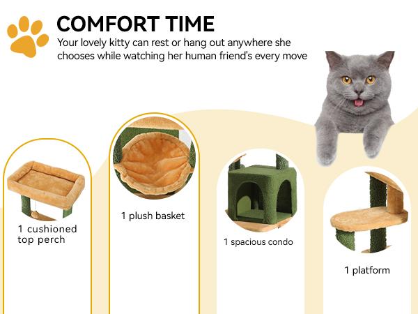 Yitahome Tall Cactus Cat Tree Tower with Self-Grooming Brush, Cute Cat Climbing Tower for Indoor Cats with Cat Condo, Top Perch, Basktet, Sisal Scratching Posts and Board,Toy Balls