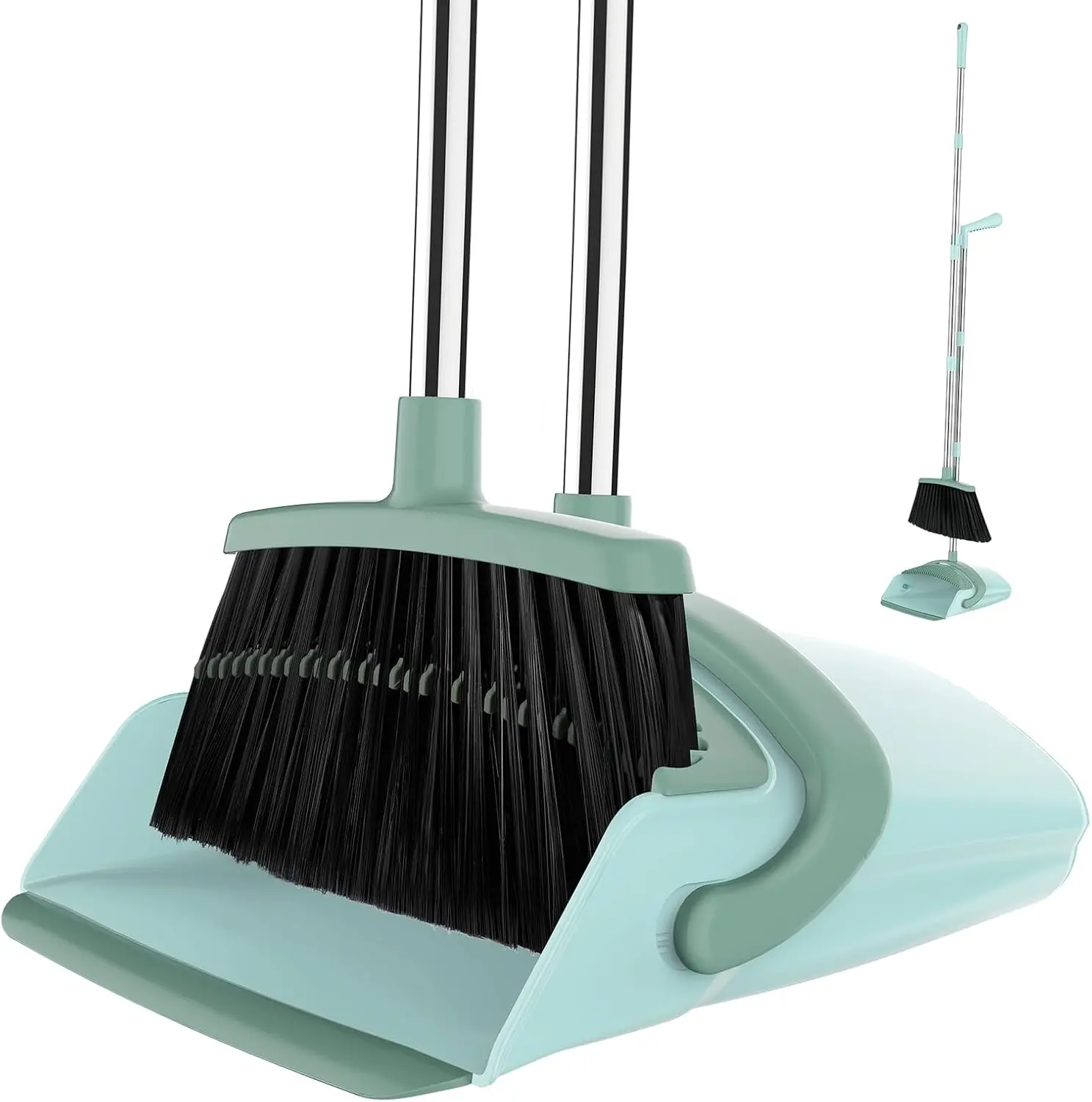 Manual Push Broom and Dustpan Set with Cleaning Teeth, 51" Long-Handled Push Powered Brooms for Indoor Home Sweeping, Bluish Green, Long-Handled Brooms