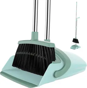 Manual Push Broom and Dustpan Set with Cleaning Teeth, 51" Long-Handled Push Powered Brooms for Indoor Home Sweeping, Bluish Green, Long-Handled Brooms