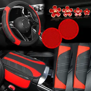 10pcs Car Accessories Set, Sport PU Leather Steering Wheel Cover 14.5-15inch Universal, Car Center Console Cover, Seat Belt Cushion, Cup Holder Coaster, Daisy Vent Clips - Value-Added Combo Set, Non-Slip Breathable All-Season Interior Decor Gift for Most