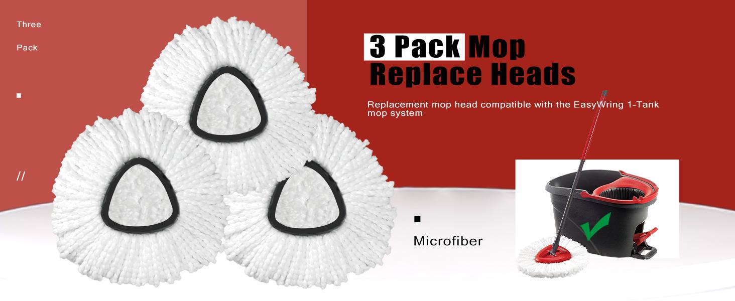 Mop Head Replacement, 3 Pack Spin Mop Refill Replace Head Compatible O Cedar Easywring 1-Tank System, Great Cleaning Power, Microfiber, Helper Housework, Machine Washable Easy-to-Replace, White