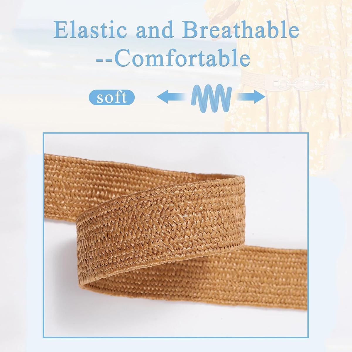 2-Piece Set Women Straw Belt Elastic Waist Metal Buckle Breathable Elegant Boho Braided Belt for Dress Casual 2-Piece Set Women Straw Belt Elastic Waist Metal Buckle Breathable Elegant Boho Braided Belt for Dress Casual
