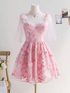 Women’s Floral Printed Mesh Mini Dress | Romantic Bowknot A-Line Summer Dress