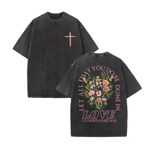 Fashionable Christian hooded sweatshirt with a washed T-shirt design and all-over print featuring Bible verses that emphasize love; Jesus loves you shirt; women’s faith apparel