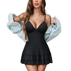 Avidlove Women's Nightgown Lace Modal Sleepwear V-Neck Chemise Full Slip Babydoll Nightdress with Floral Lace Trim & Double-Layer Ruffle Hem