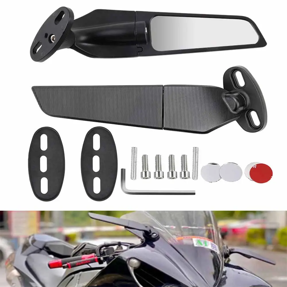 Black Motorcycle Swivel Wind Wing Rearview Mirrors, Adjustable Stealth Side Mirror Direct Bolt-On Replacement, Wind Resistance Reduction Mirror for Yamaha Honda Kawasaki Suzuki Sportbikes
