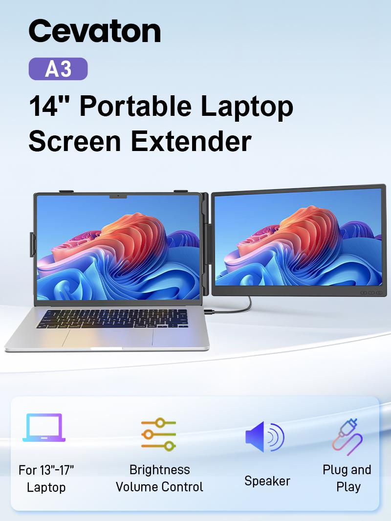 【TikTokShopSpringGlowUp】Cevaton Laptop Screen Extender 1.87lbs Ultra-Portable & Ultra Slim, 14" FHD 1080P Single Portable Monitor for 13.3"-17.3" Laptop, Plug & Play Travel Monitor Extender Compatible with Wins/Mac/Chrome/Android