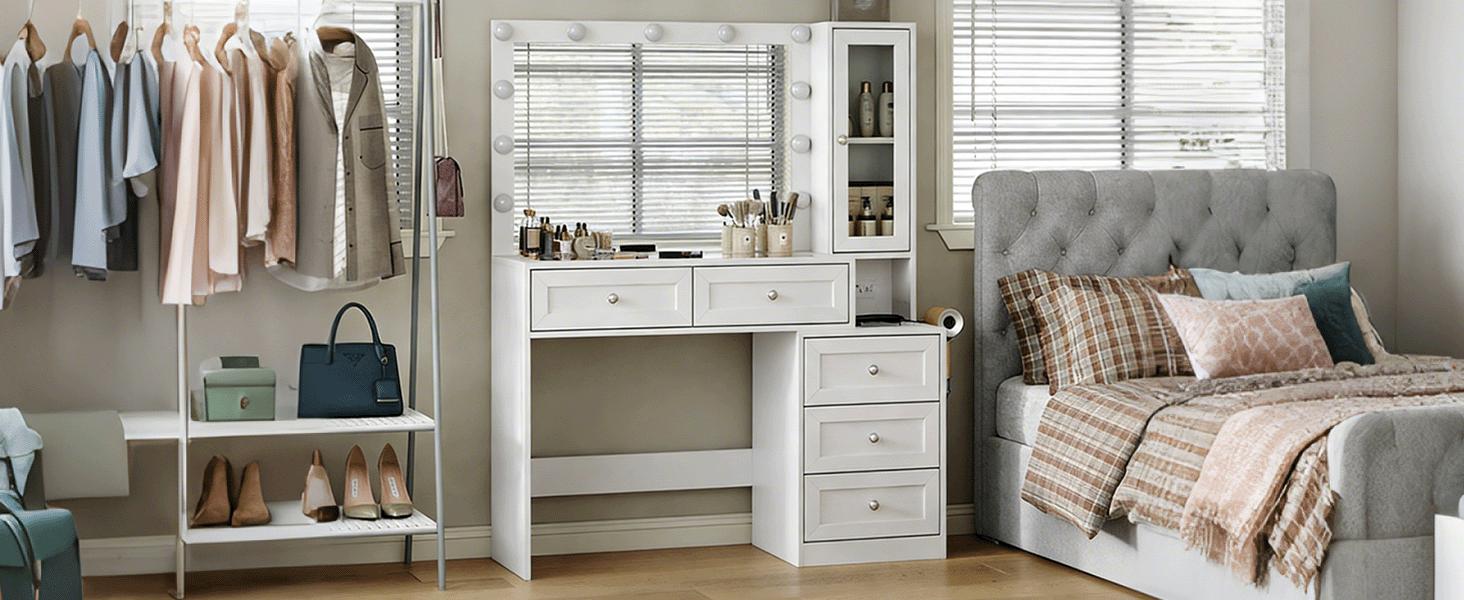CollaredEagle 43" W Vanity Desk with Mirror & 11 Lights, 5 Drawer Modern Makeup Desk with Glass top  3 Lighting Modes Brightness Adjustable,,Vanity Table with Power Outlet.