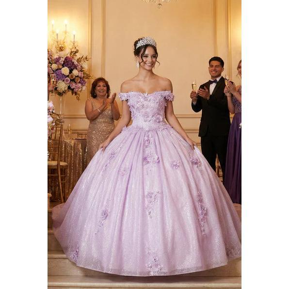 Off Shoulder Floral Applique Corset Ball Quince Dress