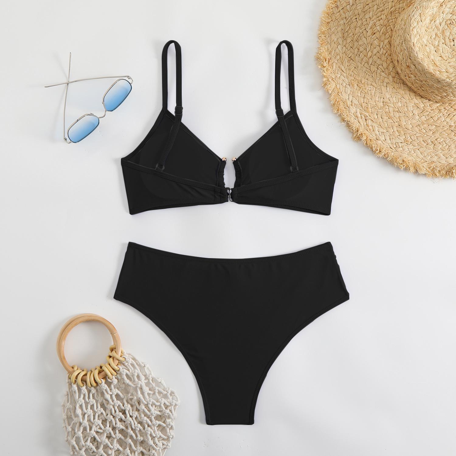 Hilor Women's Two-Piece Bikini Set with Plain Contrast Binding O-Ring Deco Ruch Swim Top & High-Cut Swim Bottoms for Summer Beach Outings