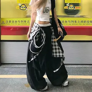 Y2K Black Cargo Sweatpants - Plaid Patchwork Baggy Joggers, Harajuku Wide Leg Streetwear Womenswear Bottom Wideleg Trouser Basic Casual Minimalist