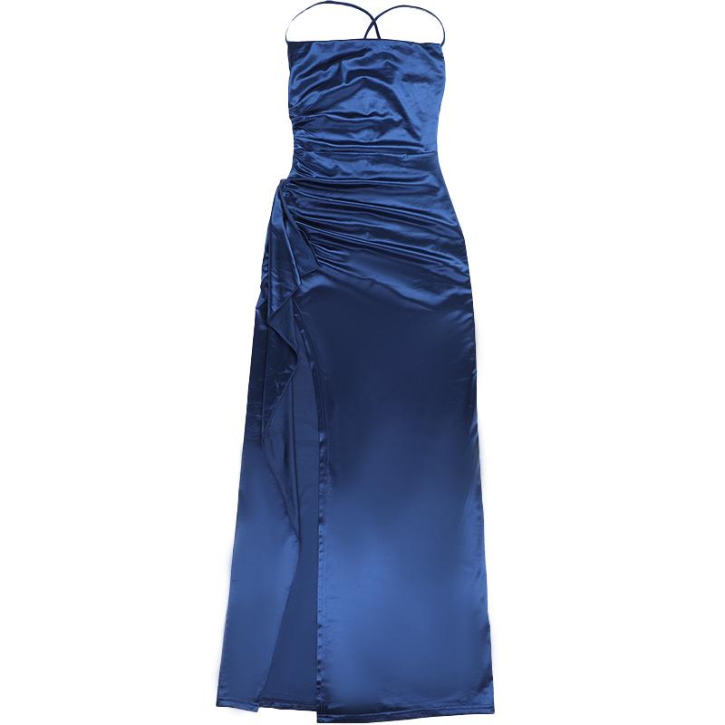 YL24531DGO-Womens Pleated Satin Evening Dress Elegant Split Maxi Formal Gown for Wedding Guest Prom Season Sexy Spring Party and Summer Gala