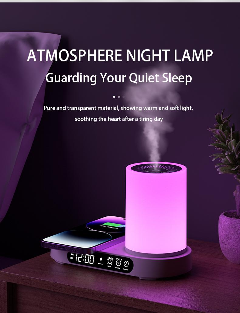 【CLEARANCE SALES】DOMEIU Multi-function automatic shut-off air humidifier bedroom chargers , aroma diffuser,  wireless charging, Bluetooth speaker. 7 color light, alarm clock,  Automated Aromatherapy .Limited-time flash sale products